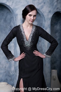 Beaded V-neck Black Evening Party Dress with Long Sleeves