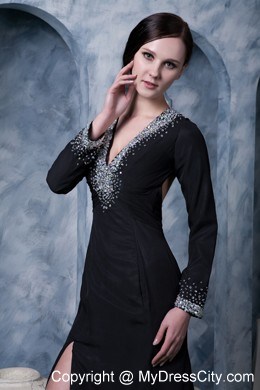 Beaded V-neck Black Evening Party Dress with Long Sleeves