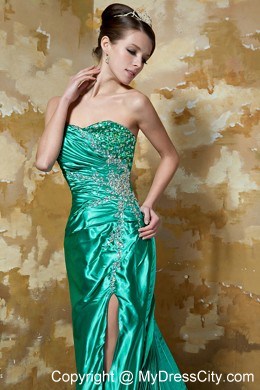 Green High Slit Sweetheart Beading and Ruching Evening Dress