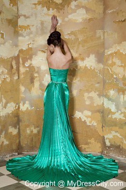 Green High Slit Sweetheart Beading and Ruching Evening Dress