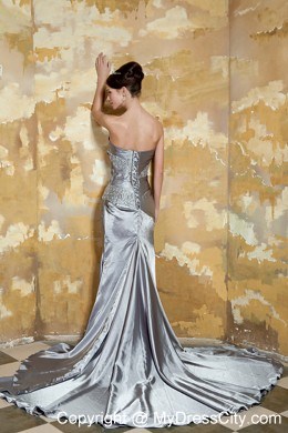 Beaded Strapless Grey Evening Party Dress with Train