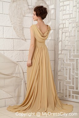 Long Champagne Ruched V-neck Evening Dress with Beading