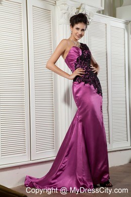 Lace One Shoulder Rose Pink Evening Dress with High Slit