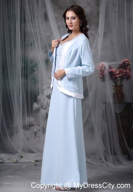 Baby Blue Square Neck Appliques Chiffon Jackt Mather Of The Bride Dress