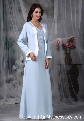 Baby Blue Square Neck Appliques Chiffon Jackt Mather Of The Bride Dress