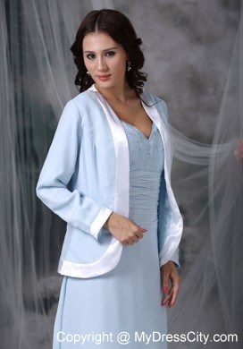 Baby Blue Square Neck Appliques Chiffon Jackt Mather Of The Bride Dress