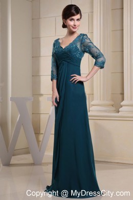 V-neck Chiffon Fllor Length Mother Of The Bride Dress With Lace and 3 4 Sleeves