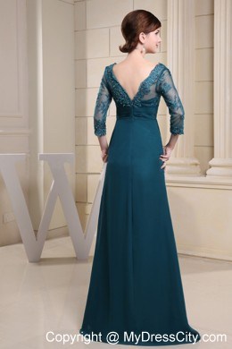 V-neck Chiffon Fllor Length Mother Of The Bride Dress With Lace and 3 4 Sleeves