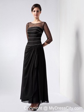 Scoop Neck Beaded strips Transparent Sleeves Chiffon Black Mothers Dresses