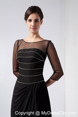 Scoop Neck Beaded strips Transparent Sleeves Chiffon Black Mothers Dresses