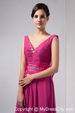 V-neck Beading Ankle-length Chiffon Mother Of The Bride Dress with Chic Back