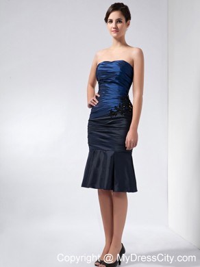 Navy Blue Strapless Beading Appliques Knee-length Mother Bride Guests Dress