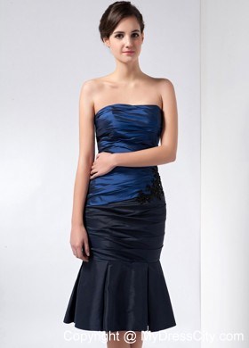 Navy Blue Strapless Beading Appliques Knee-length Mother Bride Guests Dress