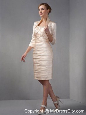 Scoop Knee-length Champagne Beaded neckline Mother Dress with Ruching