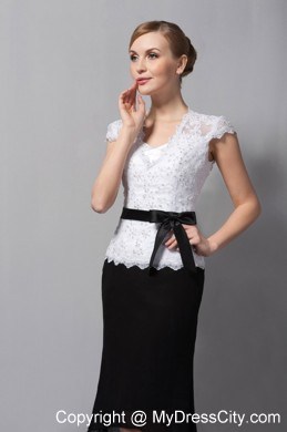 Black and White Sash V Neck Lace and Chiffon Tea-length Mothers Dresses