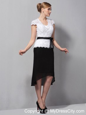 Black and White Sash V Neck Lace and Chiffon Tea-length Mothers Dresses