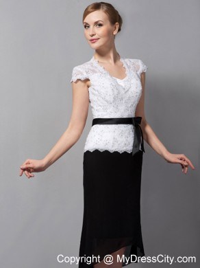 Black and White Sash V Neck Lace and Chiffon Tea-length Mothers Dresses