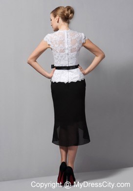 Black and White Sash V Neck Lace and Chiffon Tea-length Mothers Dresses