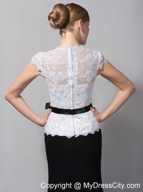 Black and White Sash V Neck Lace and Chiffon Tea-length Mothers Dresses