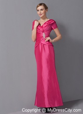 Short Sleeves V-neck Ruche Ankle-length Taffeta Mother Dress for Wedding