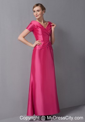 Short Sleeves V-neck Ruche Ankle-length Taffeta Mother Dress for Wedding