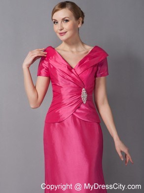 Short Sleeves V-neck Ruche Ankle-length Taffeta Mother Dress for Wedding