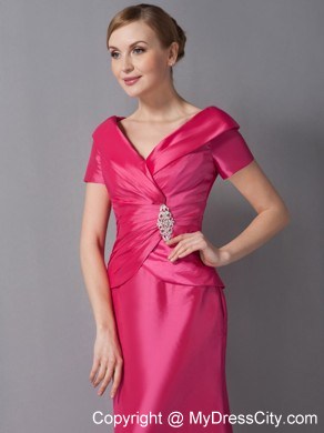 Short Sleeves V-neck Ruche Ankle-length Taffeta Mother Dress for Wedding