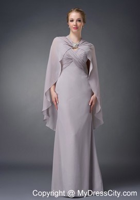 V-neck Ruche Floor-length Chiffon Grey Mother of Groom Dress with Cloak