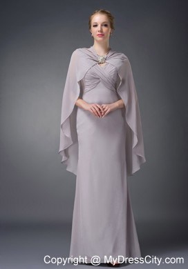 V-neck Ruche Floor-length Chiffon Grey Mother of Groom Dress with Cloak