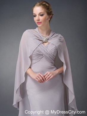 V-neck Ruche Floor-length Chiffon Grey Mother of Groom Dress with Cloak