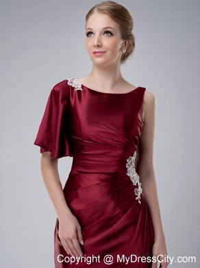 Burgundy One Shoulder Bateau Neck Appliques Taffeta Mother Bride Dress