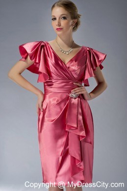 V-neck Beading Ruffles Sleeves Knee-length Mother of the Groom Dresses