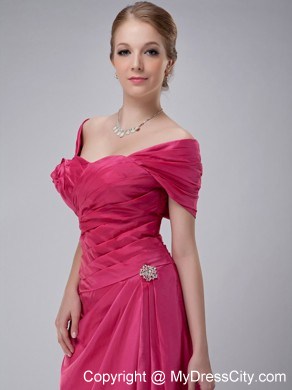 Off The Shoulder Ruche Rose Pink Ankle-length Taffeta Mother Bride Dress