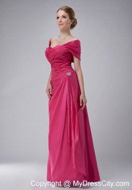 Off The Shoulder Ruche Rose Pink Ankle-length Taffeta Mother Bride Dress