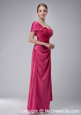 Off The Shoulder Ruche Rose Pink Ankle-length Taffeta Mother Bride Dress