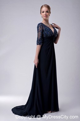 Deep V-neck Appliques Half Sleeves Brush Train Chiffon Mothers Dresses