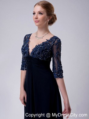 Deep V-neck Appliques Half Sleeves Brush Train Chiffon Mothers Dresses