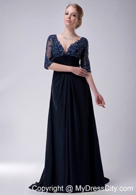 Deep V-neck Appliques Half Sleeves Brush Train Chiffon Mothers Dresses