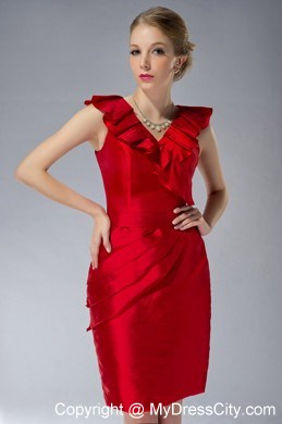 Mini-length V-neck Ruche Zipper Up Back Red Mother of the Groom Dress