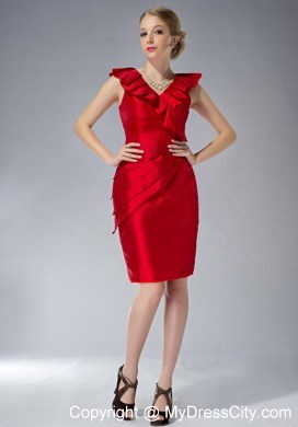 Mini-length V-neck Ruche Zipper Up Back Red Mother of the Groom Dress