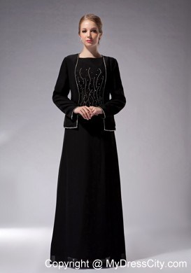 Black Bateau Neck Beading Chiffon Floor-length Mother Dress with Jacket