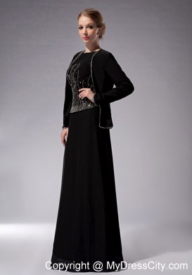 Black Bateau Neck Beading Chiffon Floor-length Mother Dress with Jacket