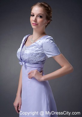 V-neck Beading Bowknot Floor-length Short Sleeves Mother Bride Dress