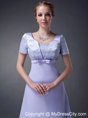 V-neck Beading Bowknot Floor-length Short Sleeves Mother Bride Dress