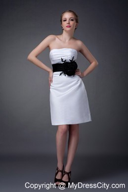 Black Belt Strapless Mini-length Satin White Mother Of The Bride Dress