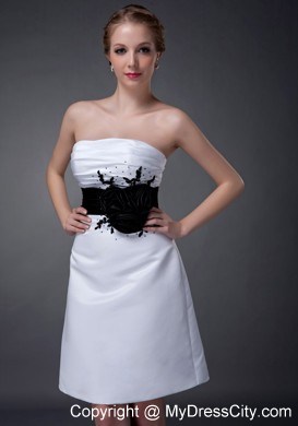 Black Belt Strapless Mini-length Satin White Mother Of The Bride Dress