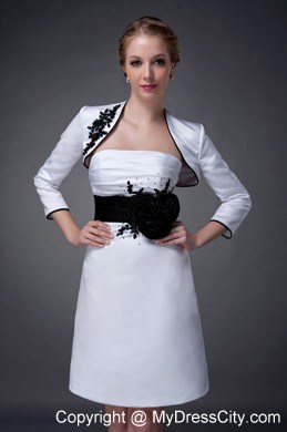 Black Belt Strapless Mini-length Satin White Mother Of The Bride Dress