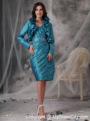 Beading Strapless Pleats Teal Knee-length Mother of the Bride Dress