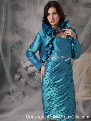 Beading Strapless Pleats Teal Knee-length Mother of the Bride Dress