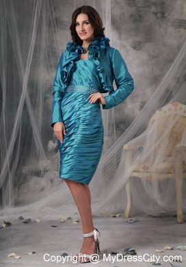 Beading Strapless Pleats Teal Knee-length Mother of the Bride Dress